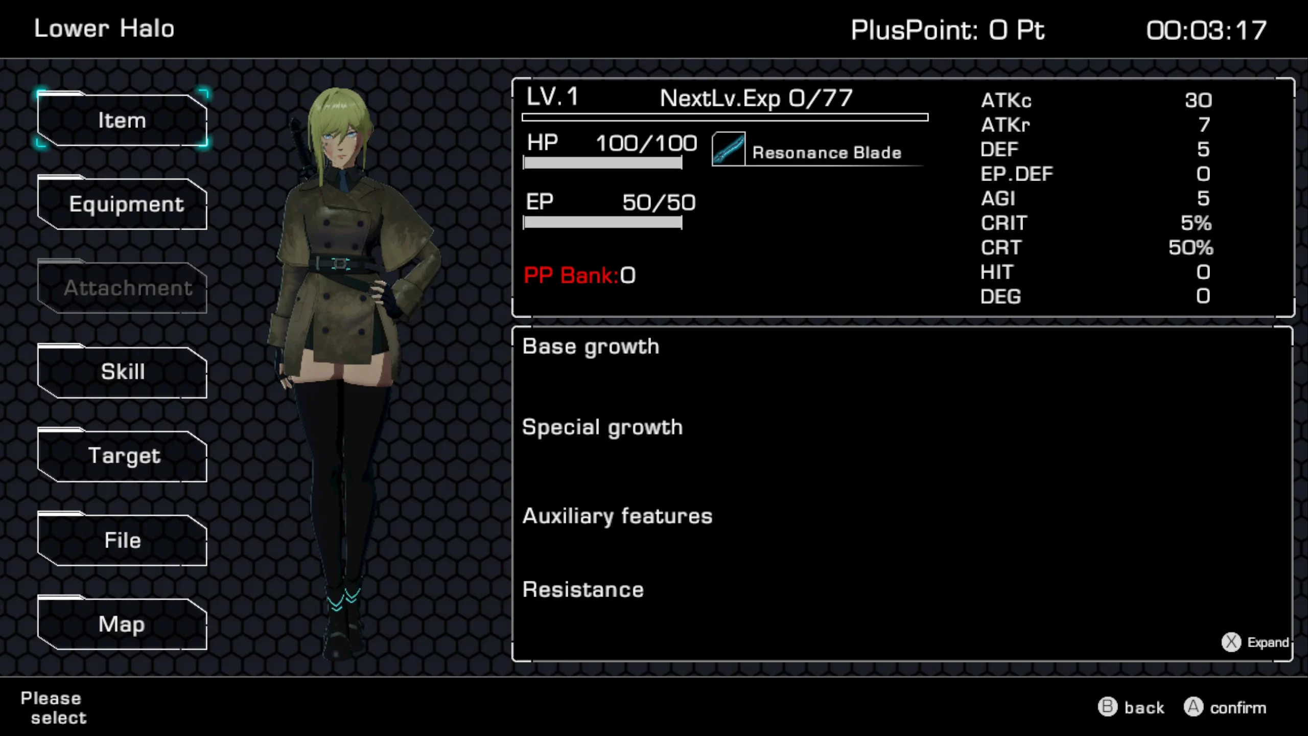The pause screen, showing the stats of the protagonist as well as items, equipment, skills and more.