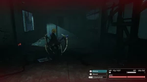 The combat screen, showing the health and commands of the protagonist. A creature is seen next to her.