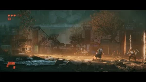 The combat screen showing the protagonist approaching an enemy. A gun and the health is shown. 