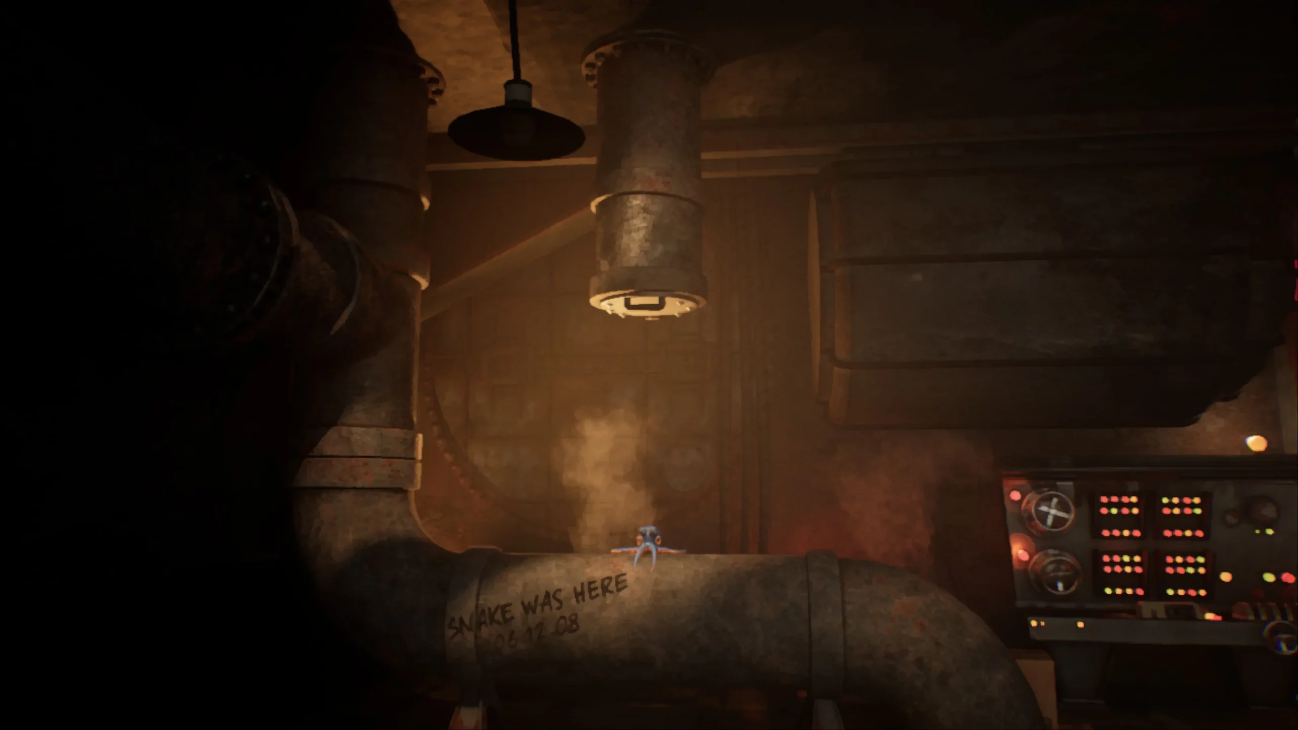 An octopus in a sewer system. A text says "Snake was here."
