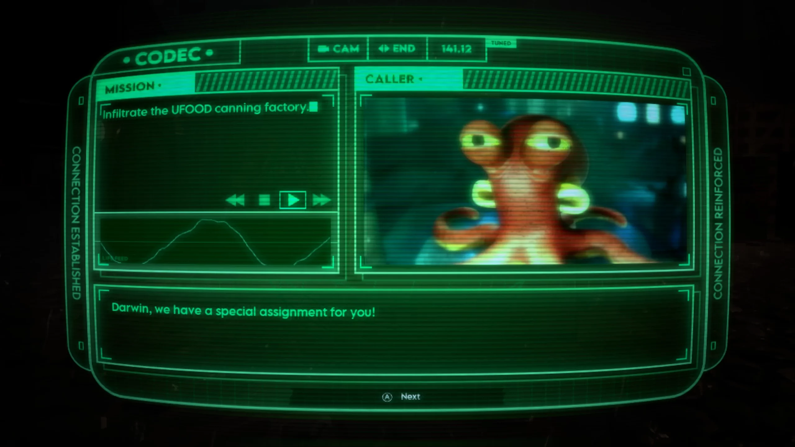 A coded call showing a call from another octopus. Text says "Darwin, we have a special assignment for you!"