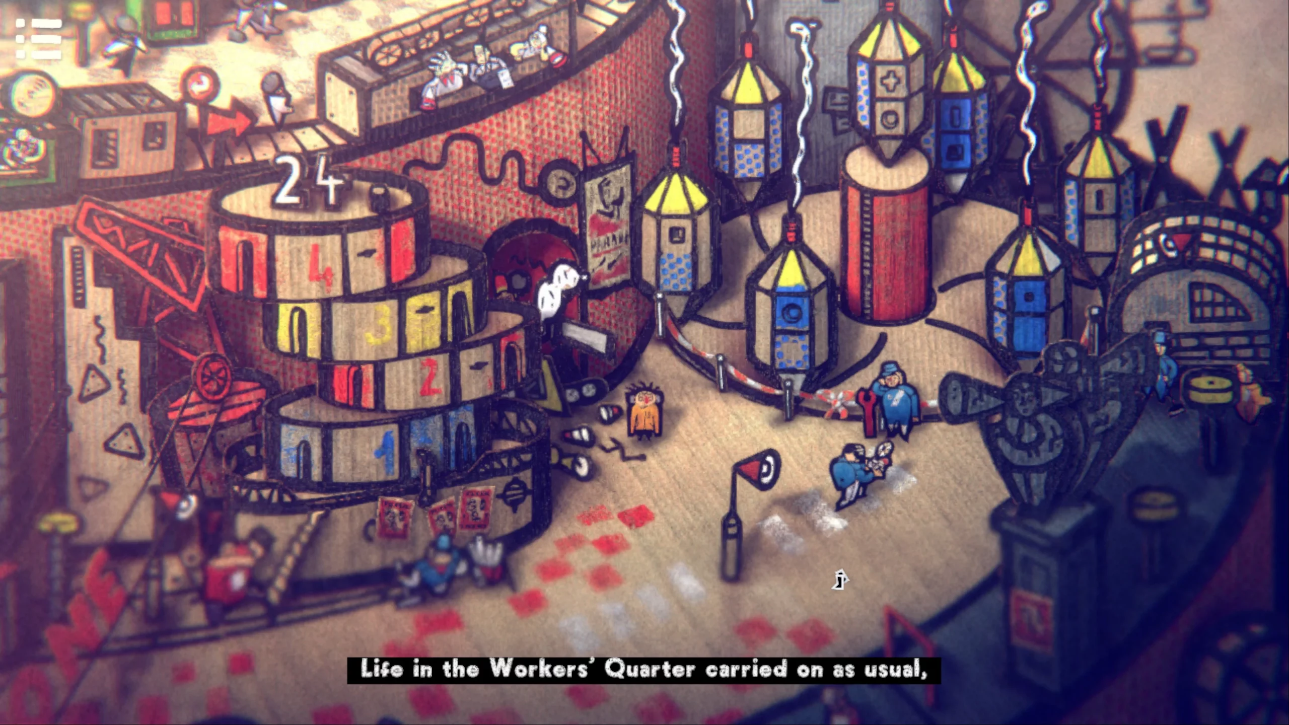 A carboard town. Text says "Life in the workers quarter carried on as usual"