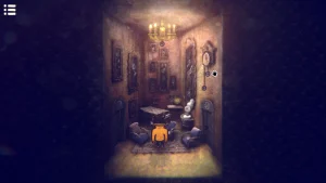 An old living room with a chandelier and lots of portraits. 