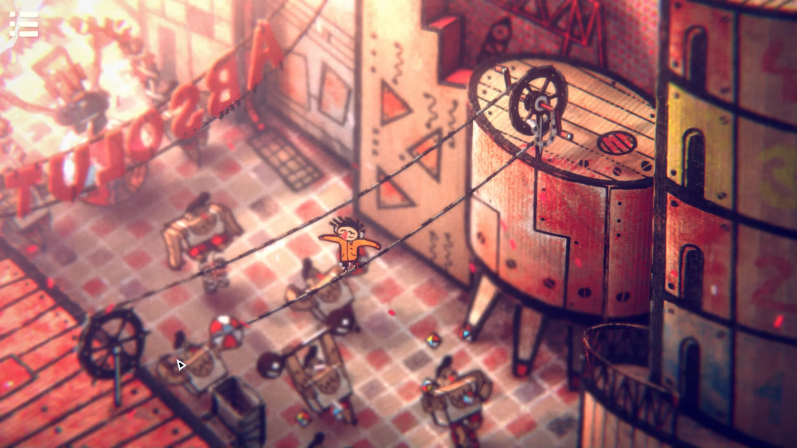 A character walking a line across roofs.