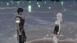 Two people standing at a shore while looking at each other. The water behind them has glowing elements.