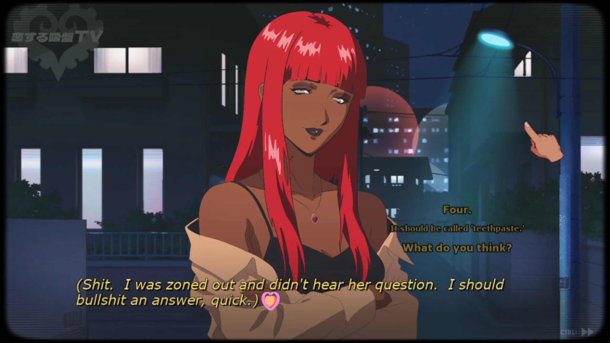 A beautiful woman with dark skin and red hair. The protagonist thinks: "Shit. I was zoned out and didn't hear her question. I should bullshit an answer, quick."
