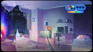 A blue-ish apartment with a hole. Furniture like a computer or phone are visible. 