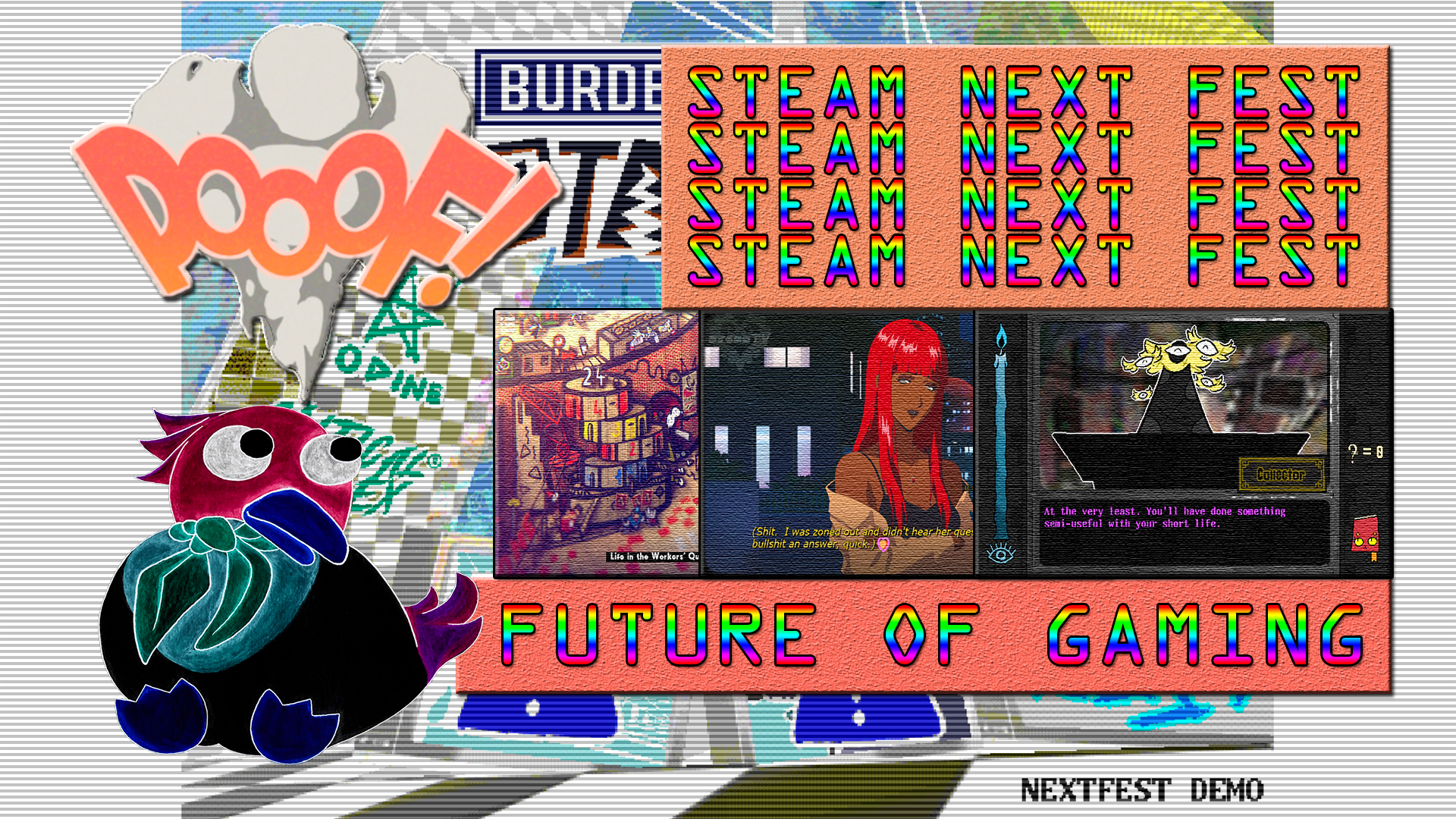 A collage for Steam Next Fest with screenshots from Sucker for Love, Phonopolis and Burden Street Station