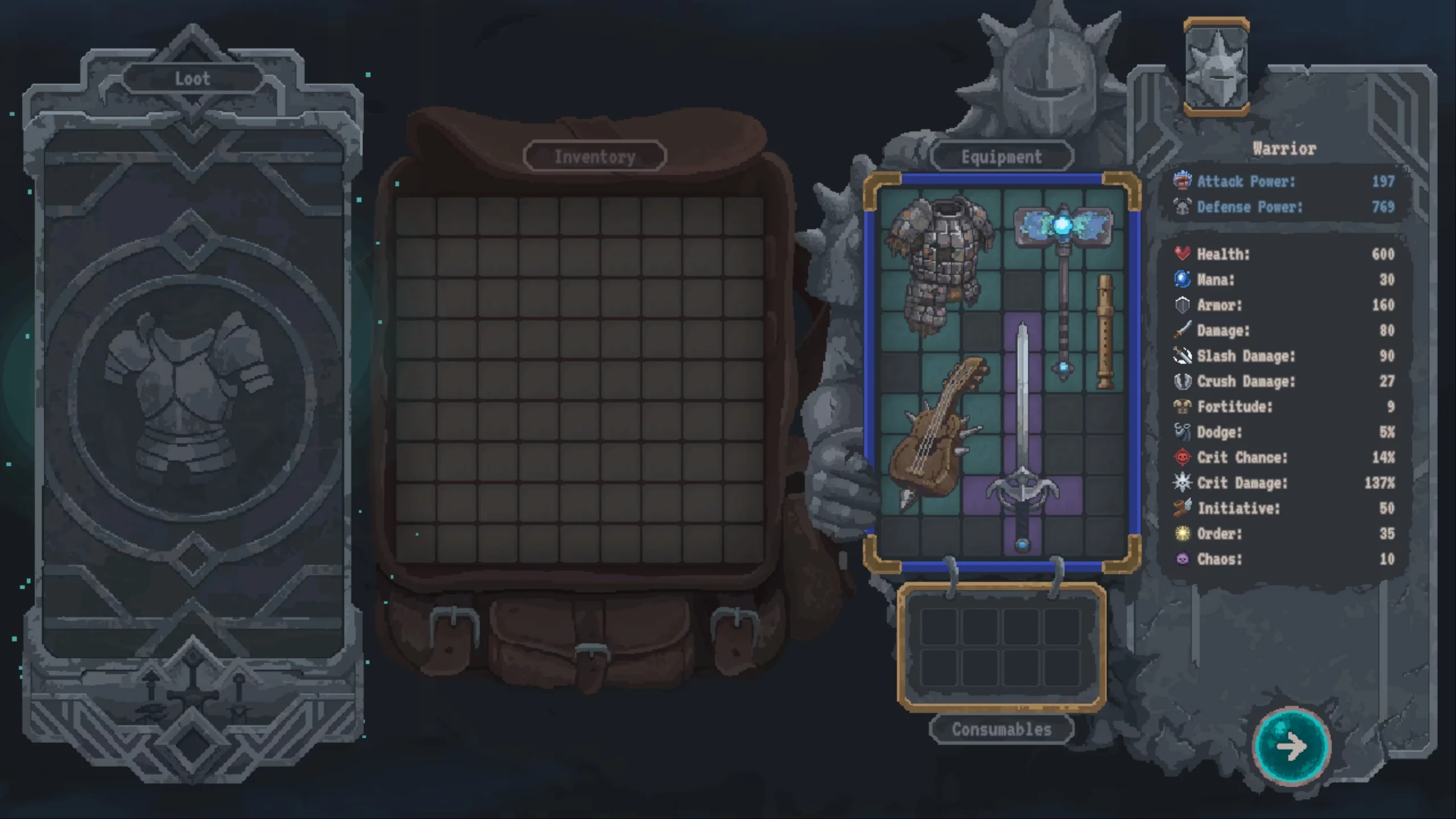 The loot window showing the inventory and current equipment. Items are arranged in a grid system. 