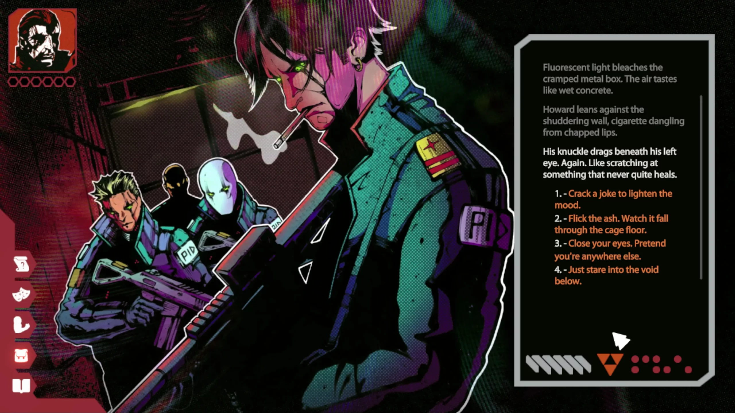 Lengthy description of the surroundings. 4 dialogue options are shown. One of them is to crack a joke.