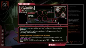 A tutorial for the dice system. It explains that used dice vanish and need to be earned as well as saved.