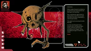 A horrofic creature floating in mid-air. The long text describes how nervous our protagonist is. 