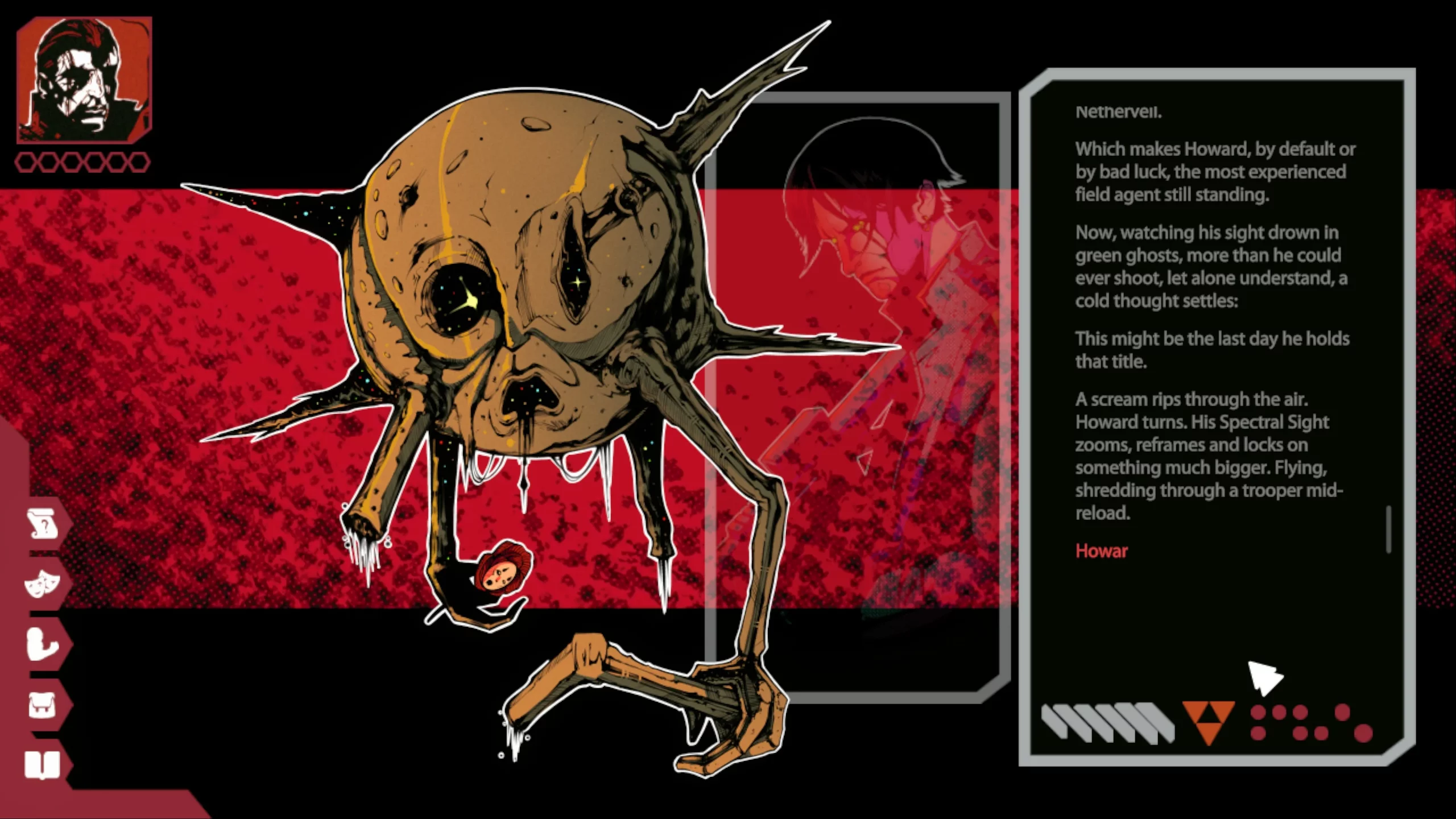 A horrofic creature floating in mid-air. The long text describes how nervous our protagonist is. 