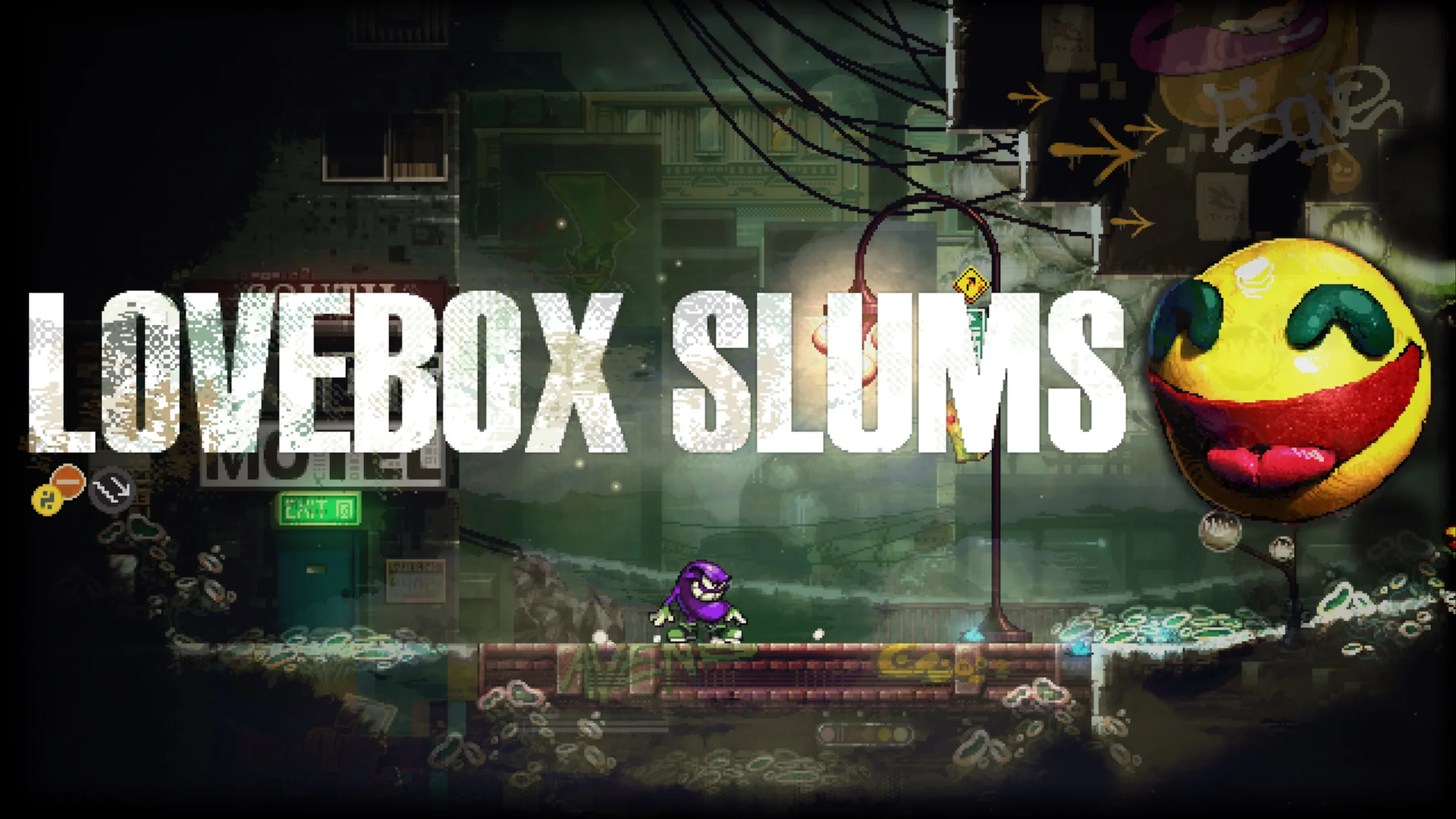 Ruinder area with a purple bean character. Text says: Lovebox Sclums.