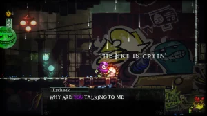 Lycheek is asking: "Why are you talking to me?". Additional text says: The sky is crying.