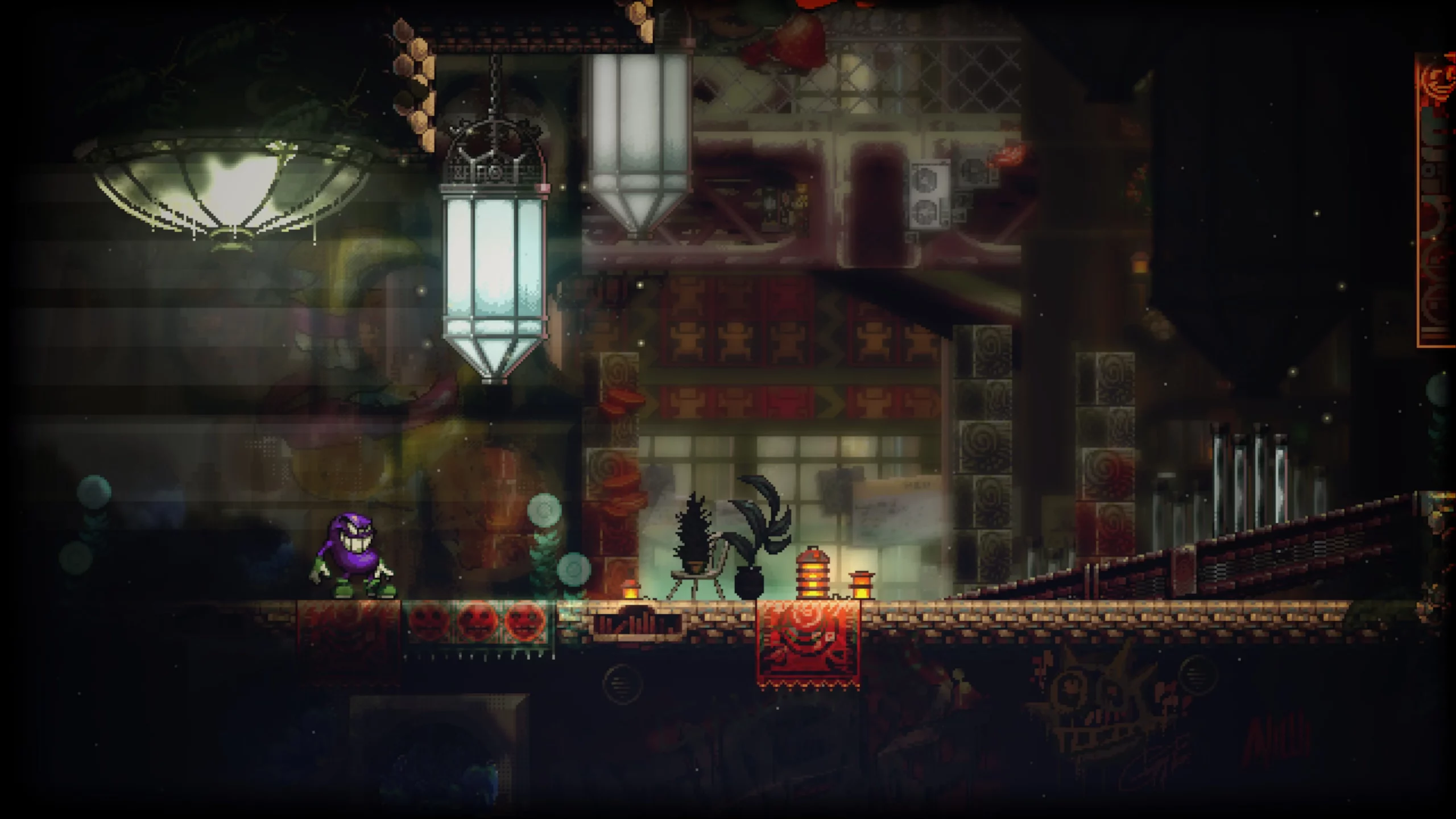 A purple bean-ish character standing in a luxurious place.