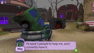 A girl standing in front of a destroyed car.. She says:"I'll need 3 people to help me, and I currently have 0." 