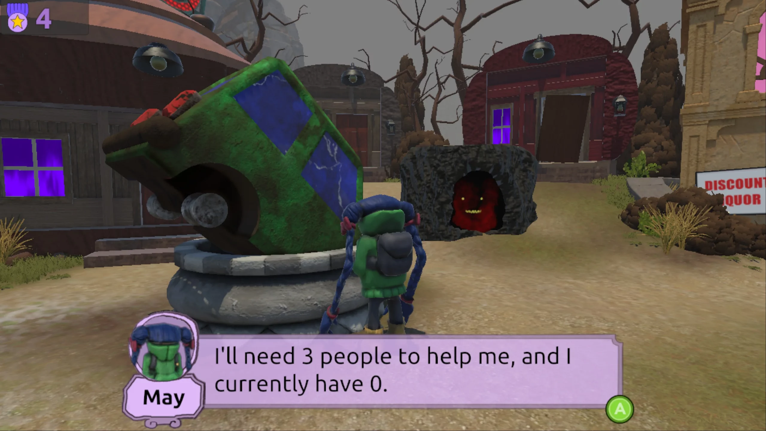 A girl standing in front of a destroyed car.. She says:"I'll need 3 people to help me, and I currently have 0." 