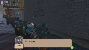 A fisher, who looks like a fish in a bowl, is fishing. He says: "Go away."