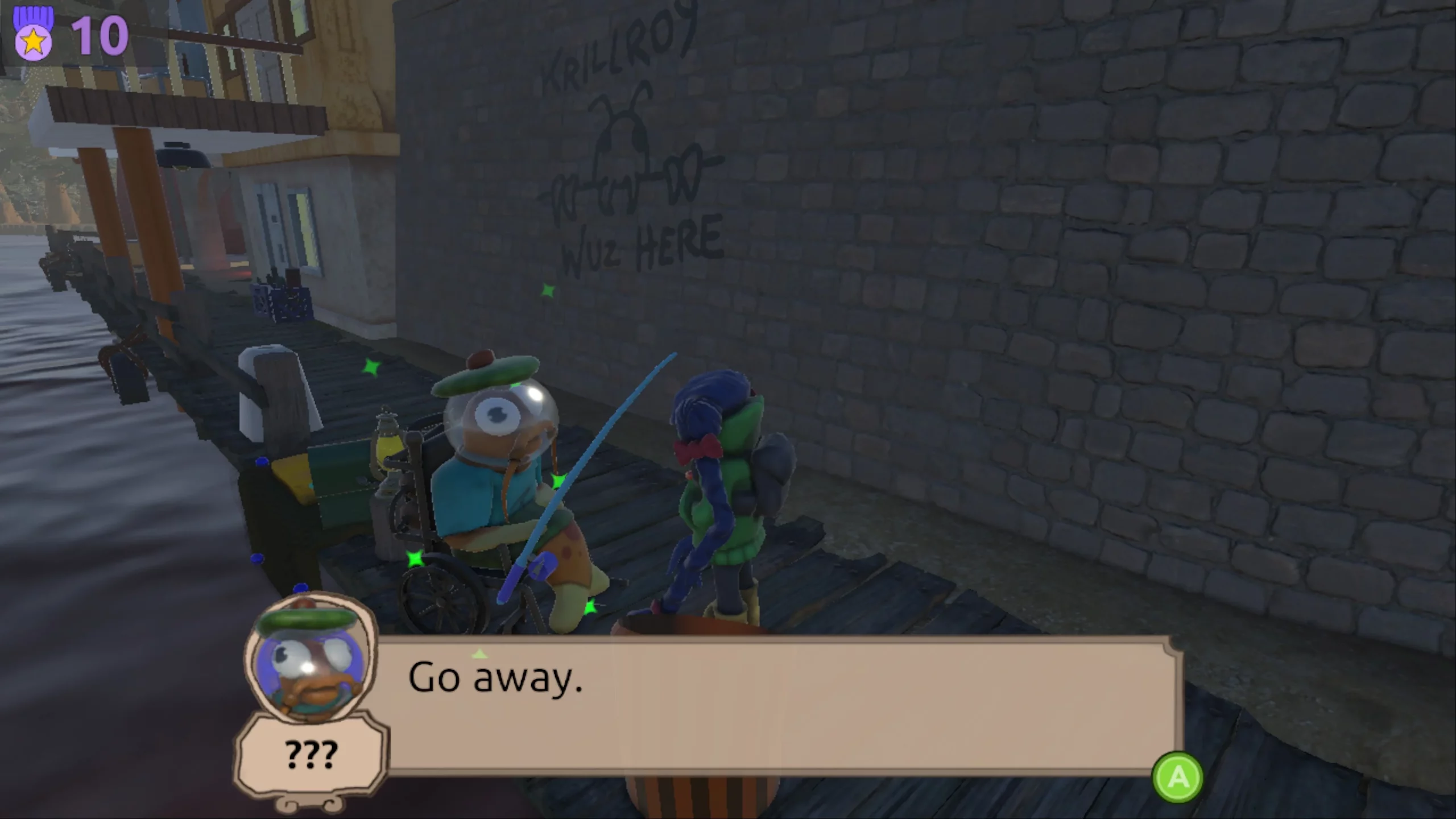 A fisher, who looks like a fish in a bowl, is fishing. He says: "Go away."