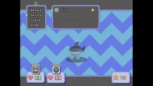 A combat screen showing the party and enemy, as well as attack options.