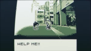 A boy staning in front of his sister whose face is stretched out. She screams: "Help me!!!"