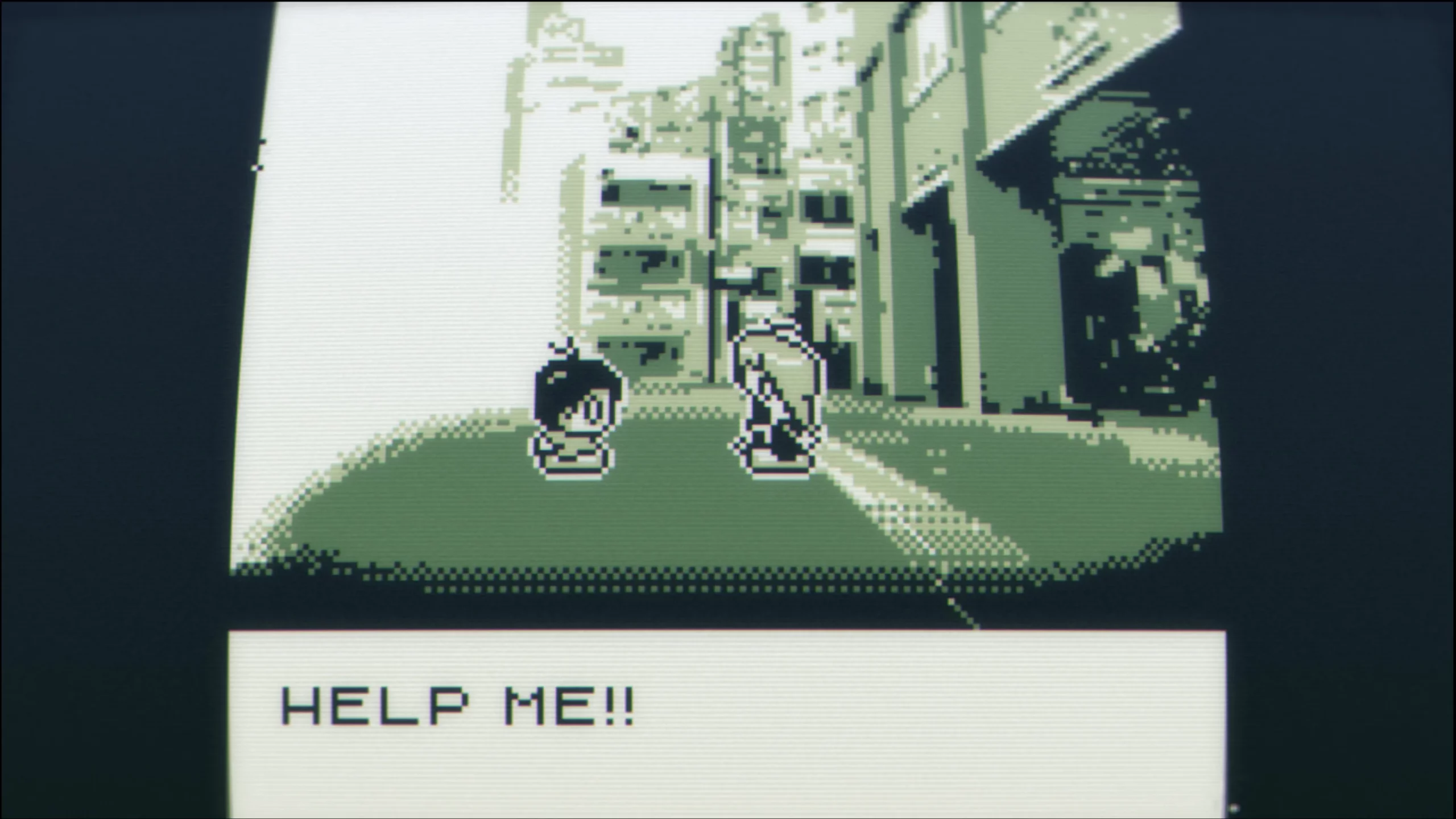 A boy staning in front of his sister whose face is stretched out. She screams: "Help me!!!"