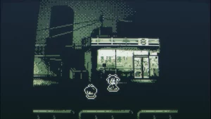 Two people in front of a grocery store. 