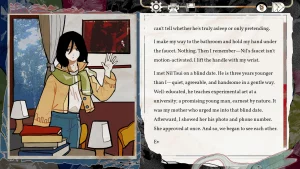 Left side shows a calm looking person. Right side shows a lot of text describing how two people met on a blind date. 