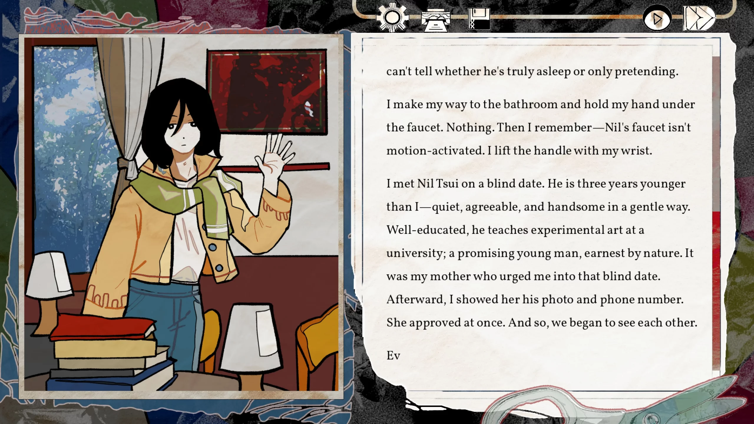 Left side shows a calm looking person. Right side shows a lot of text describing how two people met on a blind date. 