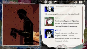 Left side shows the silhouette of a man wiping his hands. Right side shows a dialogue between Noelle and Will. 