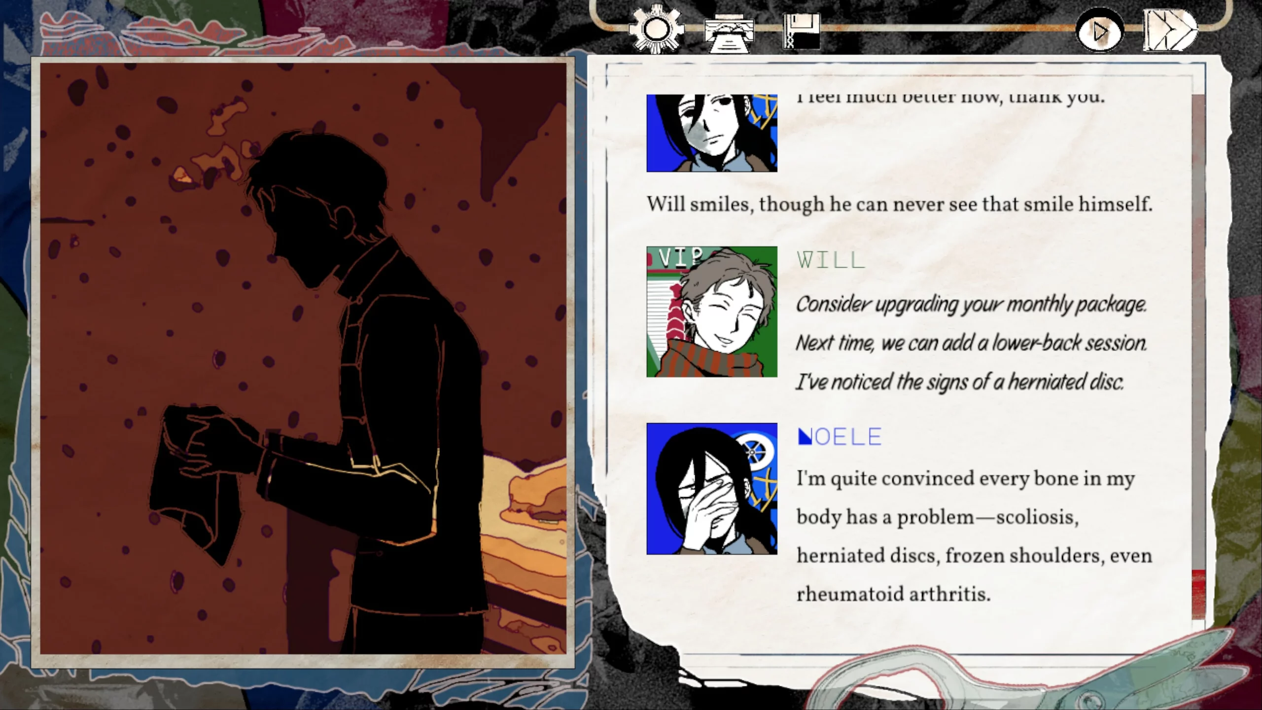 Left side shows the silhouette of a man wiping his hands. Right side shows a dialogue between Noelle and Will. 