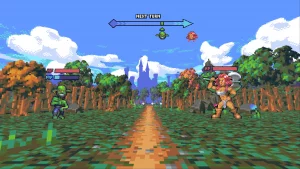 A goblin and a strong woman standing a cross each other. 