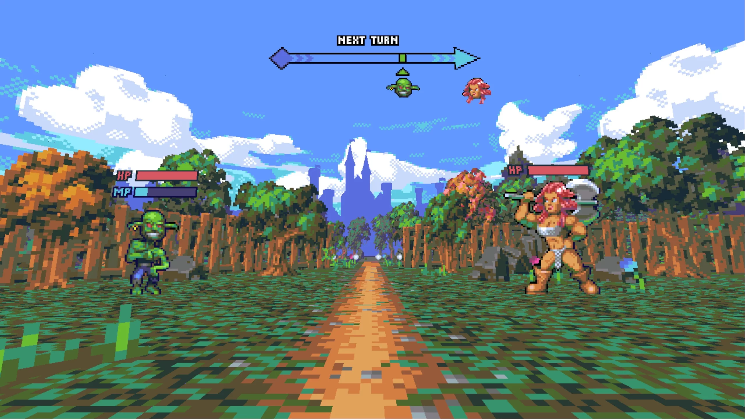 A goblin and a strong woman standing a cross each other. 