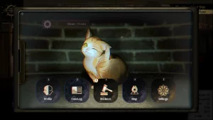 A smartphone screen with a cat as the background. The bottom shows the options profile, case log, evidence, map and settings