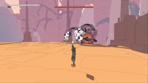 Combat against a creature that looks like a big mechanical eye with two arms.