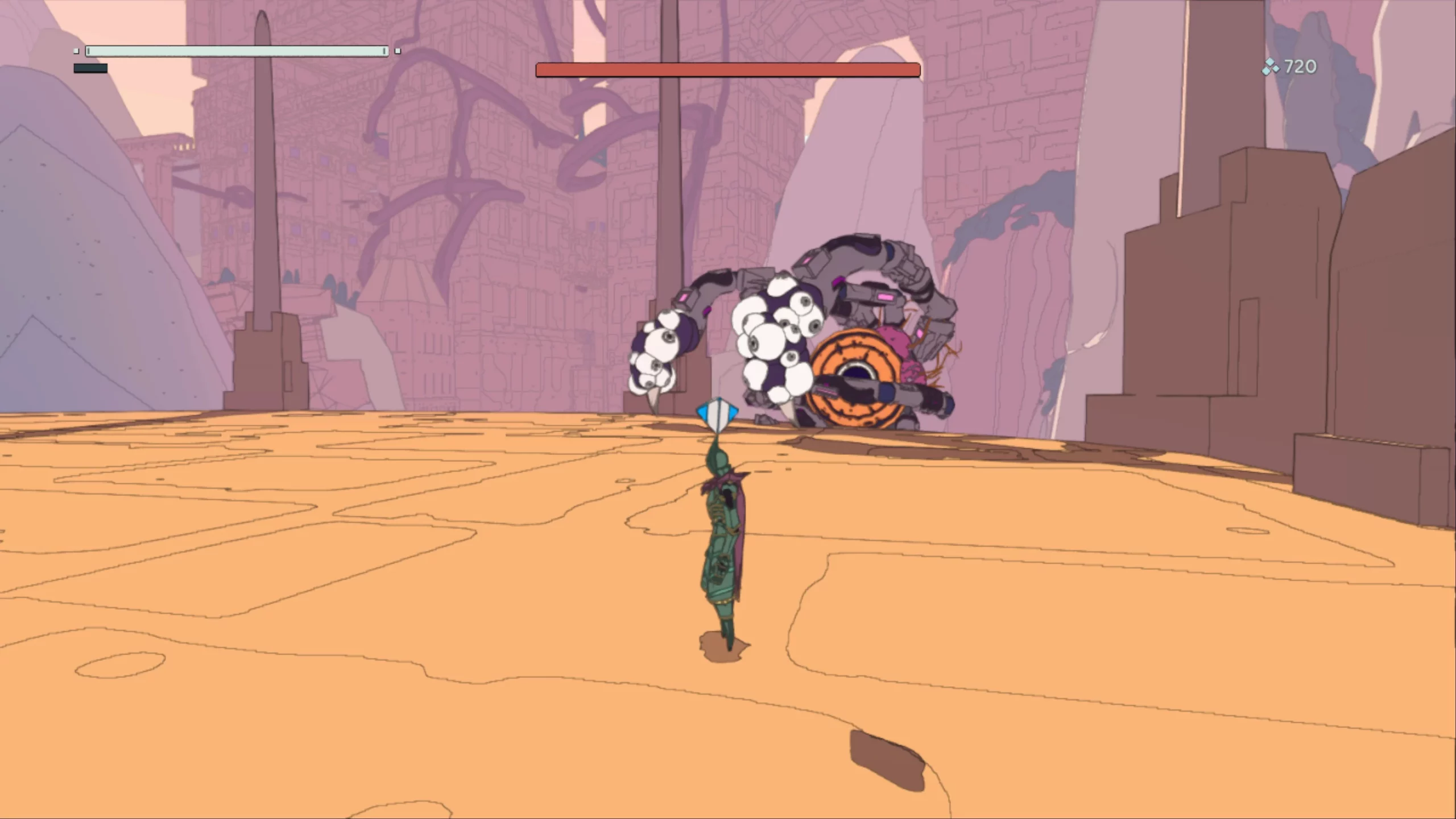 Combat against a creature that looks like a big mechanical eye with two arms.