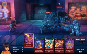 Combat screen showing the player to the left and enemy to the right. The bottom shows the deck stats and the available cards.