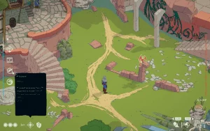 A green space between two buildings. A devil is sitting on a ruined wall. 