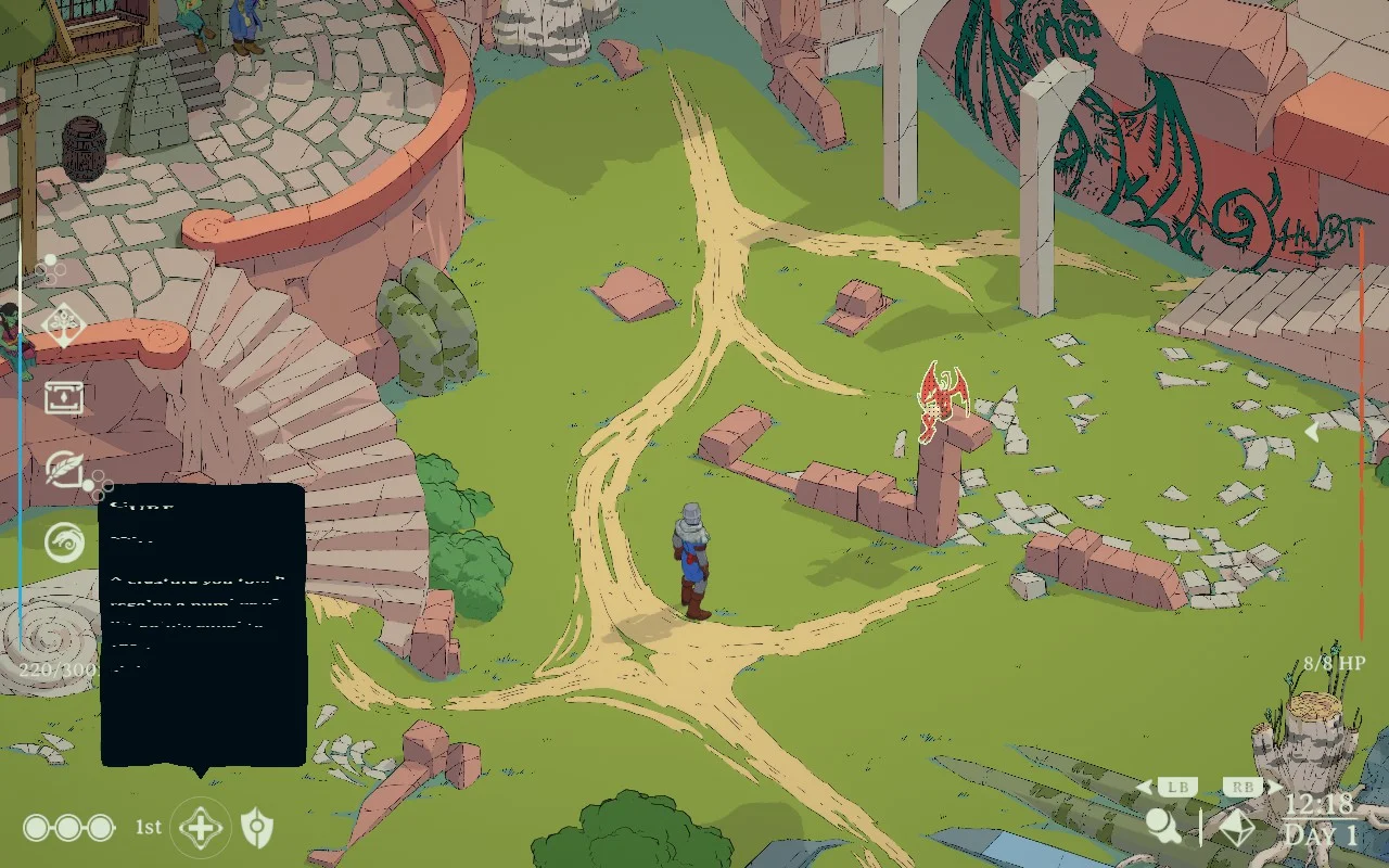 A green space between two buildings. A devil is sitting on a ruined wall. 