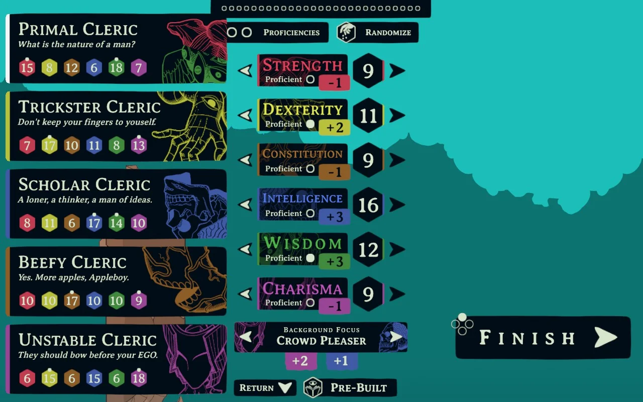 Character creation sheet, showing points for Dnd elements like dexterity, constitution and charisma. A background focus can be chosen. 