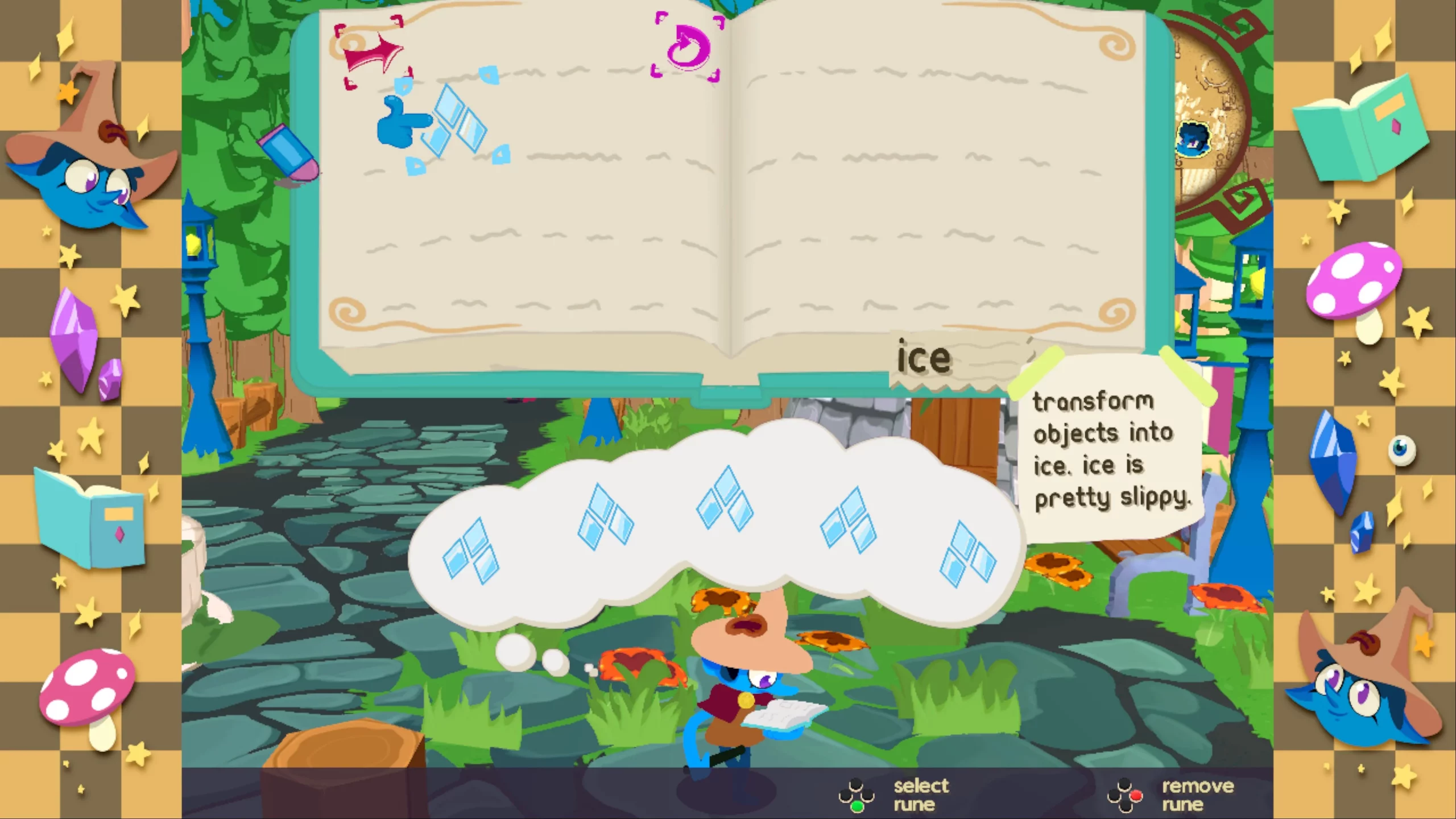 A spellbook showing the current 4 spells. 5 spells can be combined at once. 