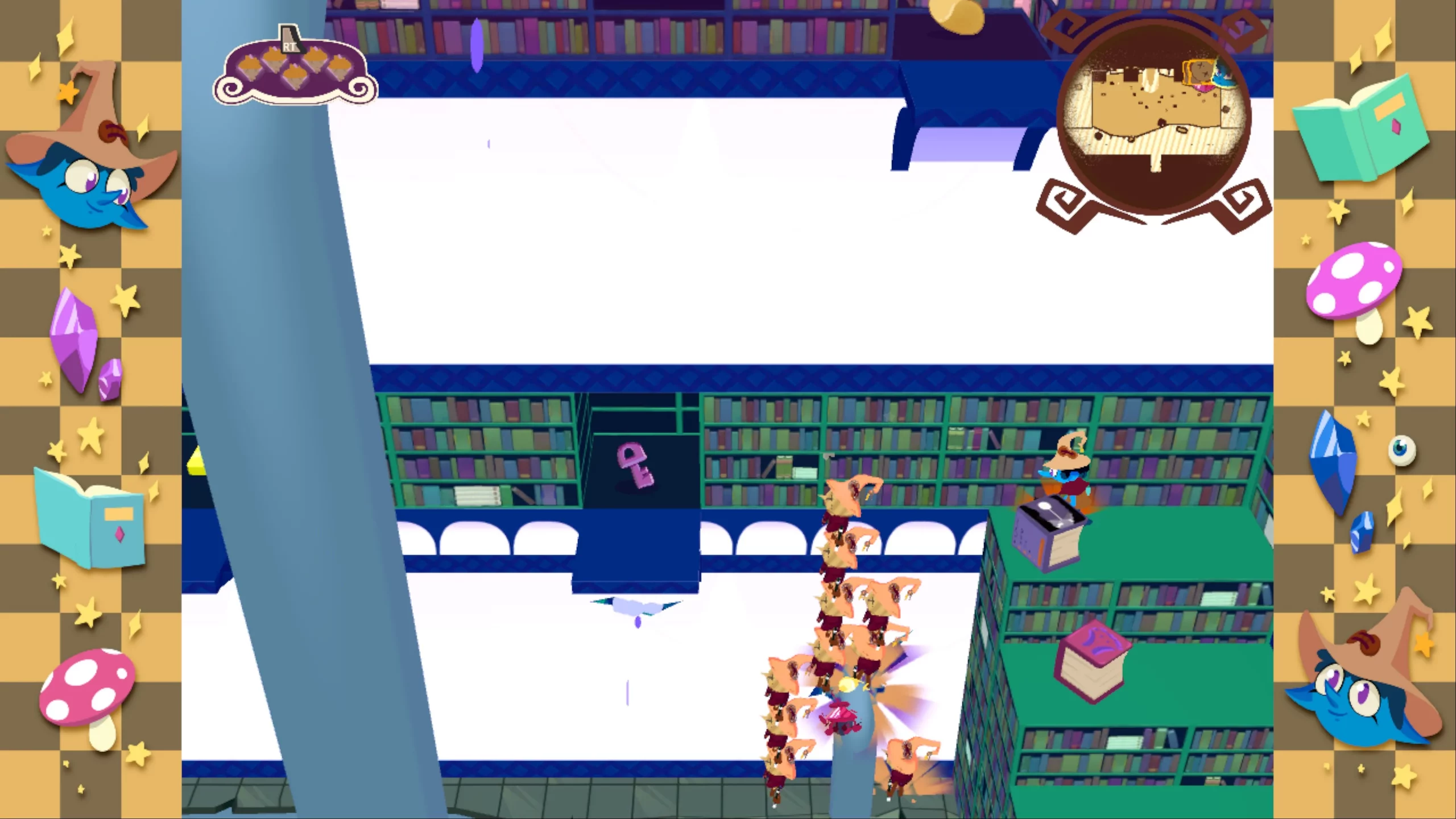 Utter chaos. Multiple puppets build a sort of tower to reach a key.