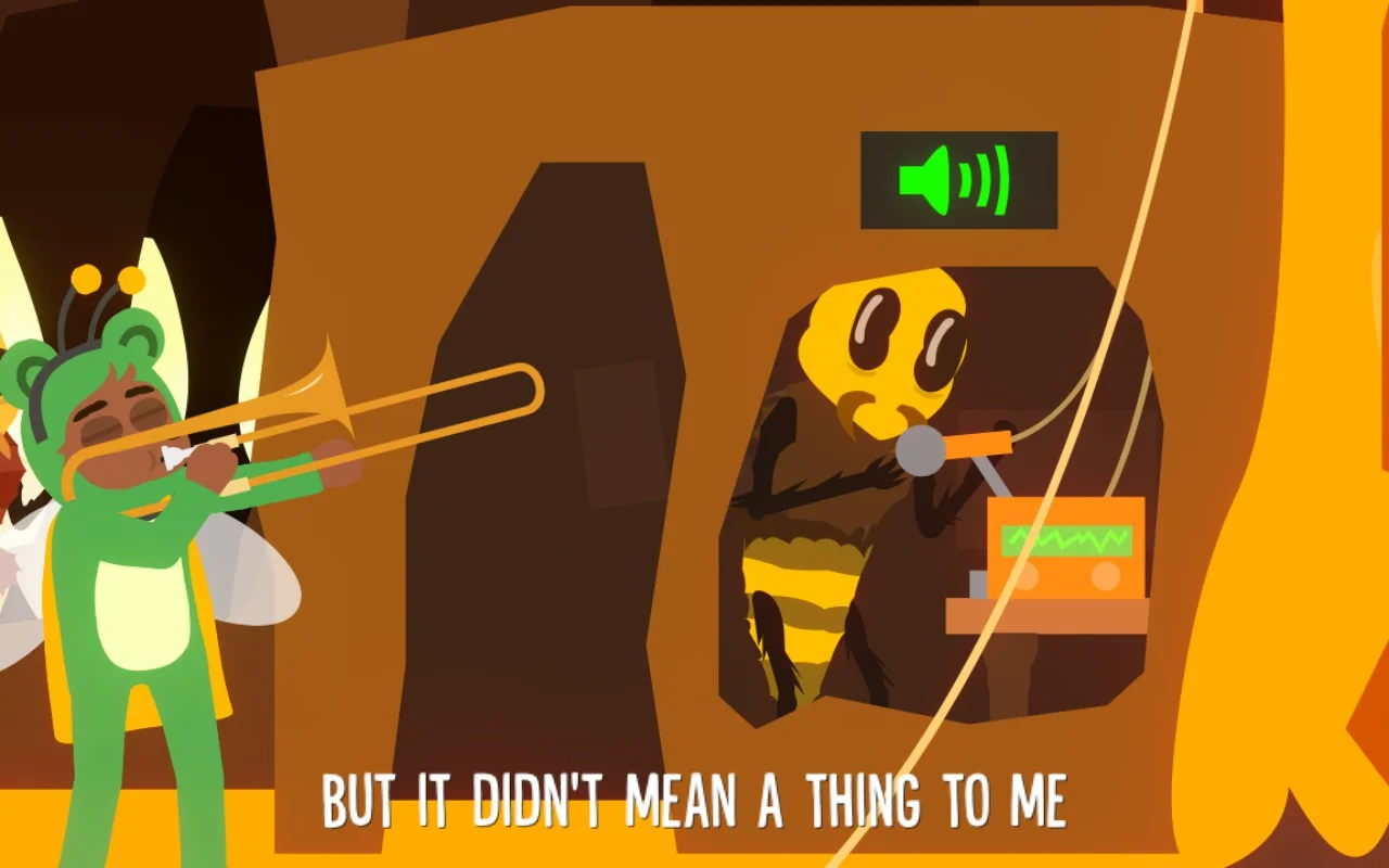 A musical scene. A bear plays the saxophone while a bee sings: "But it didn't mean a thing to me."