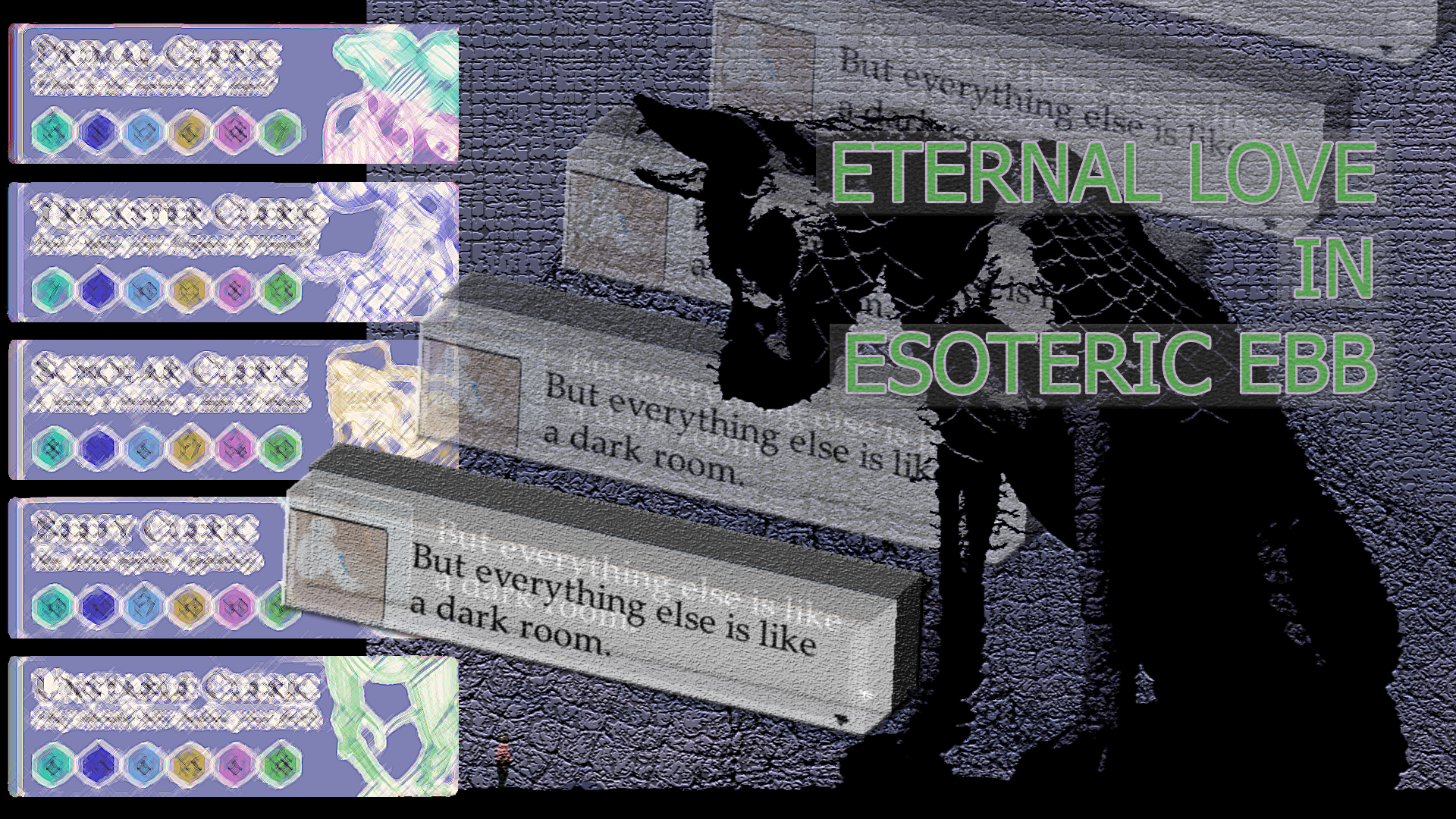 Collage of Eternal Love and Esoteric Ebb. A big dog statue is the center piece, with 3D text boxes fading into the background