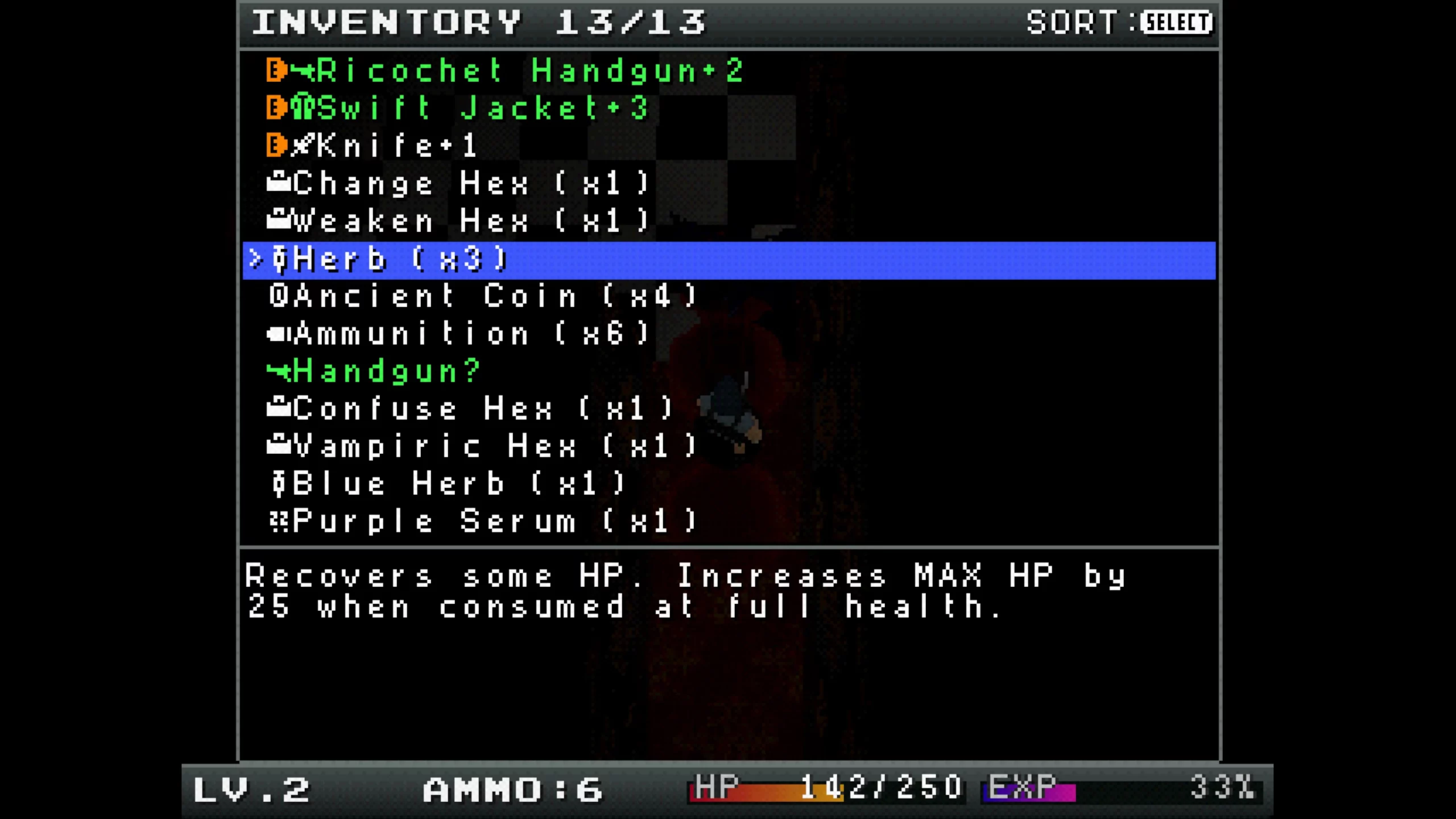 Inventory screen showing weapons, herbs and more.