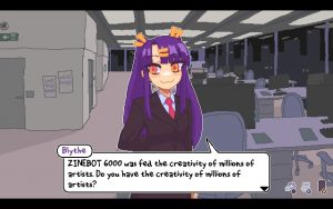 A purple haired woman says: "Zinebot 6000 was fed the creativity of millions of artists. Do you have the creativity of millions of artists?"