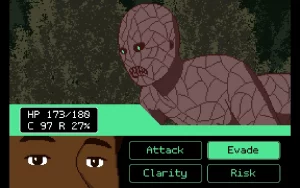 Combat screen of a turn based fight. On the left is the player character and on the right the enemy. Your stats as well as commands are displayed.