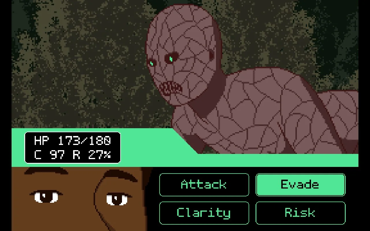 Combat screen of a turn based fight. On the left is the player character and on the right the enemy. Your stats as well as commands are displayed.