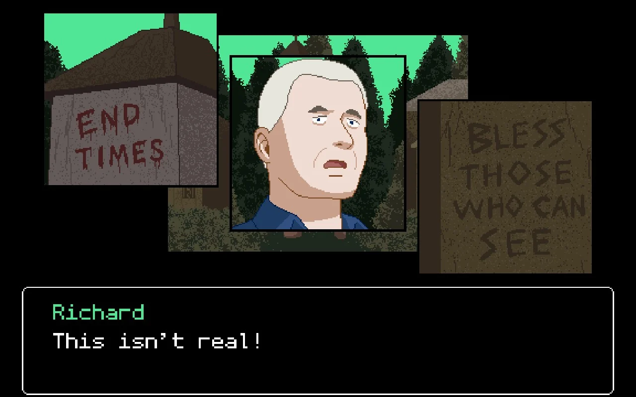 Richard standing before vandalized buildings. It says "End Times" and "Bless those who can see", while Richard shouts: "This isn't real!"